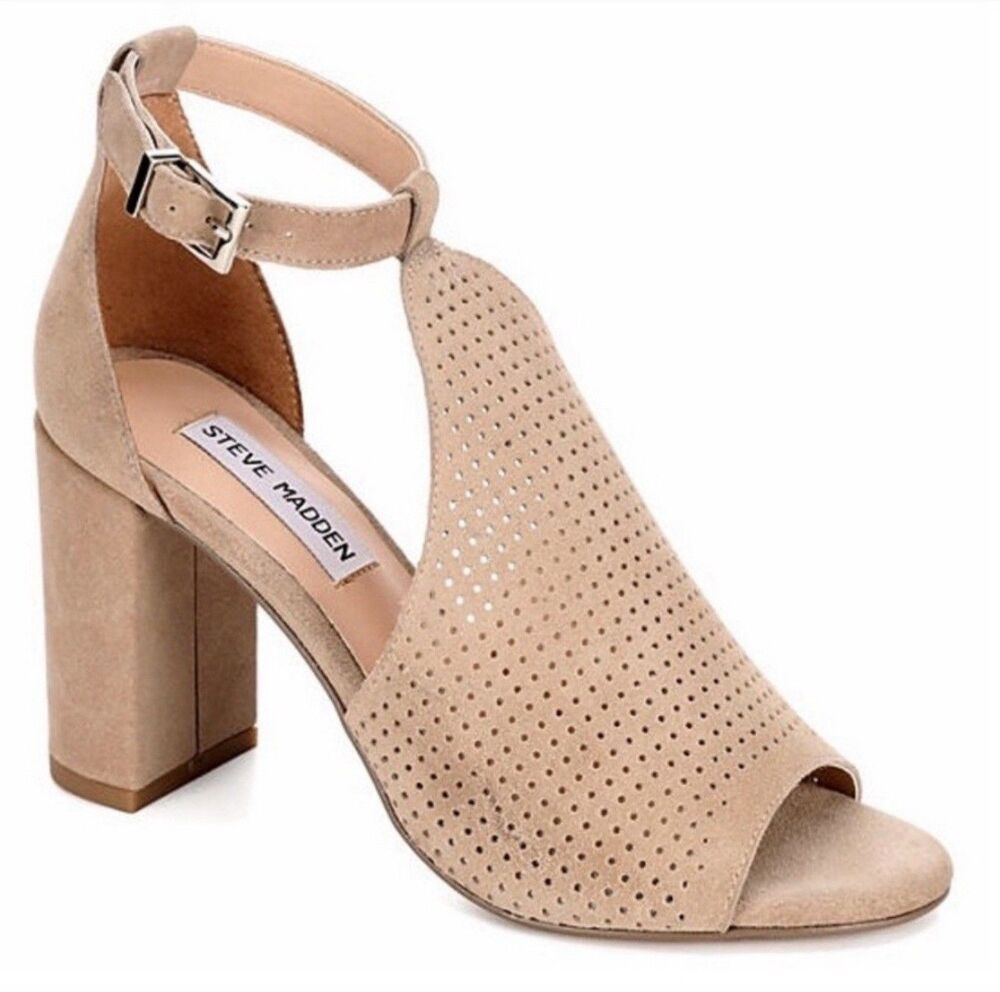 Steve Madden Reese Ivory Taupe Suede Strap Ankle Block Heel Shoes Women Sz 8.5